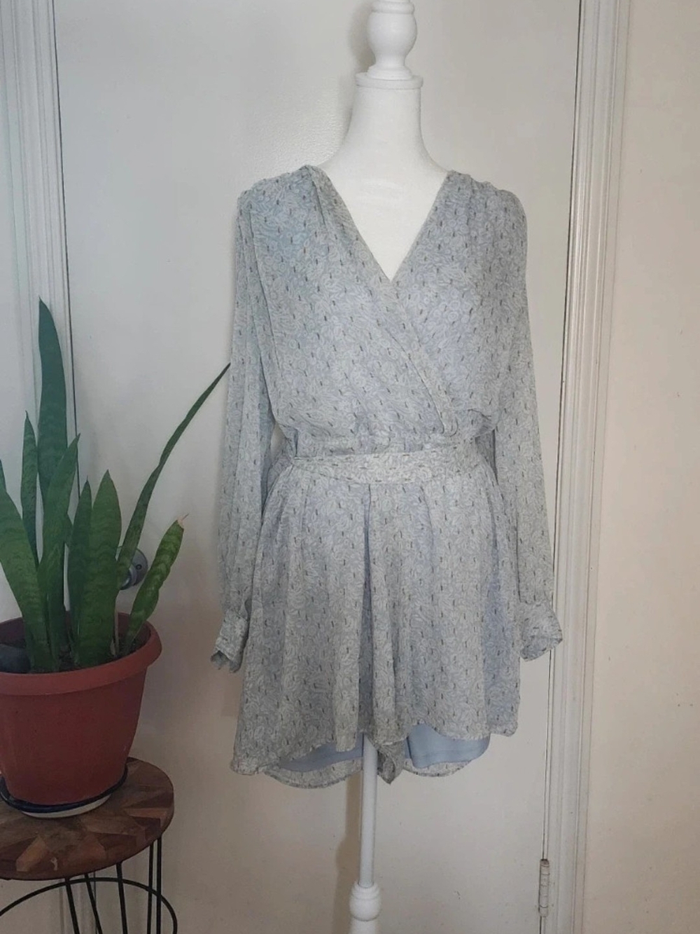 Express Light Blue Floral Wrap Romper Shorts